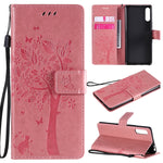 Custodia in pelle a ribalta orizzontale con motivo in rilievo albero e gatto con supporto e fessure per carte, portafoglio e cordino, For Sony Xperia L4, For Sony Xperia 10 II