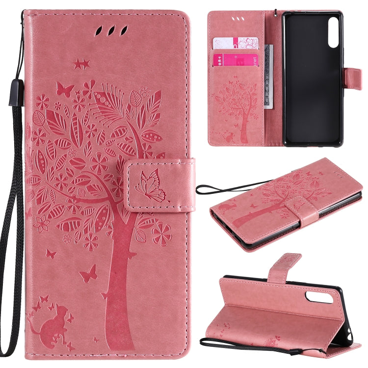 Custodia in pelle a ribalta orizzontale con motivo in rilievo albero e gatto con supporto e fessure per carte, portafoglio e cordino, For Sony Xperia L4, For Sony Xperia 10 II