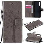 Custodia in pelle a ribalta orizzontale con motivo in rilievo albero e gatto con supporto e fessure per carte, portafoglio e cordino, For Sony Xperia L4, For Sony Xperia 10 II