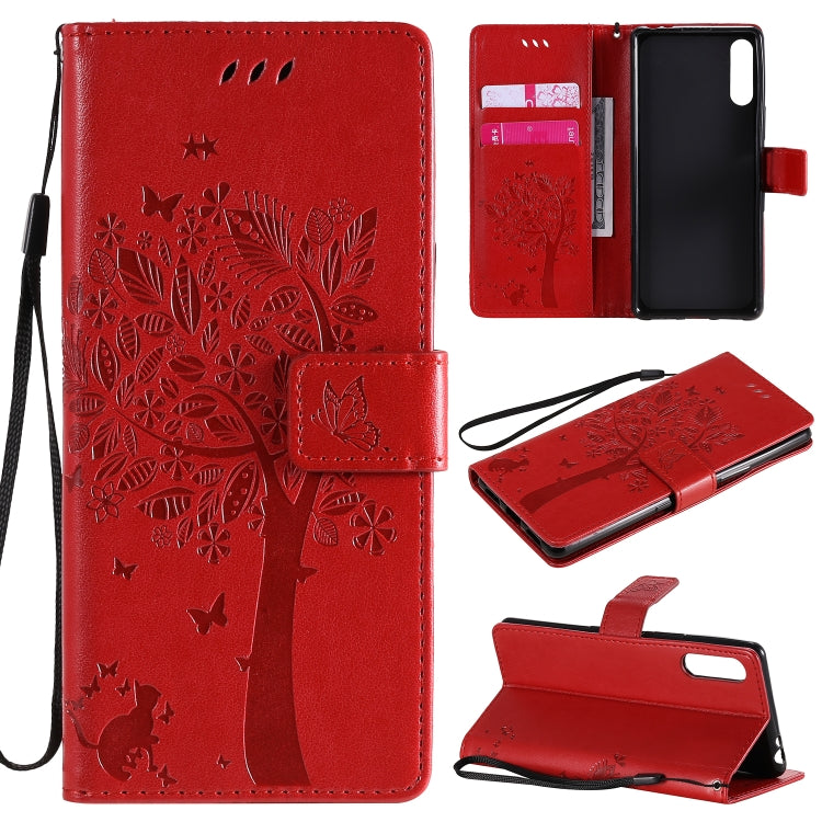 Custodia in pelle a ribalta orizzontale con motivo in rilievo albero e gatto con supporto e fessure per carte, portafoglio e cordino, For Sony Xperia L4, For Sony Xperia 10 II