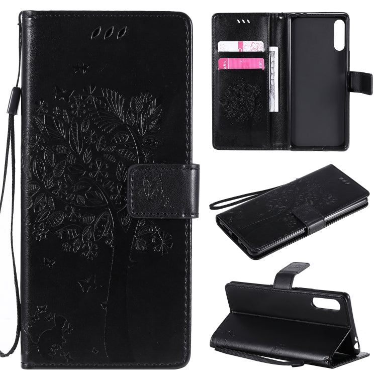 Custodia in pelle a ribalta orizzontale con motivo in rilievo albero e gatto con supporto e fessure per carte, portafoglio e cordino, For Sony Xperia L4, For Sony Xperia 10 II