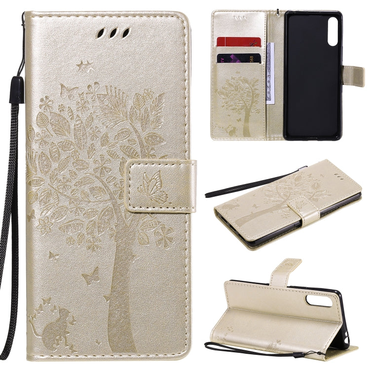 Custodia in pelle a ribalta orizzontale con motivo in rilievo albero e gatto con supporto e fessure per carte, portafoglio e cordino, For Sony Xperia L4, For Sony Xperia 10 II