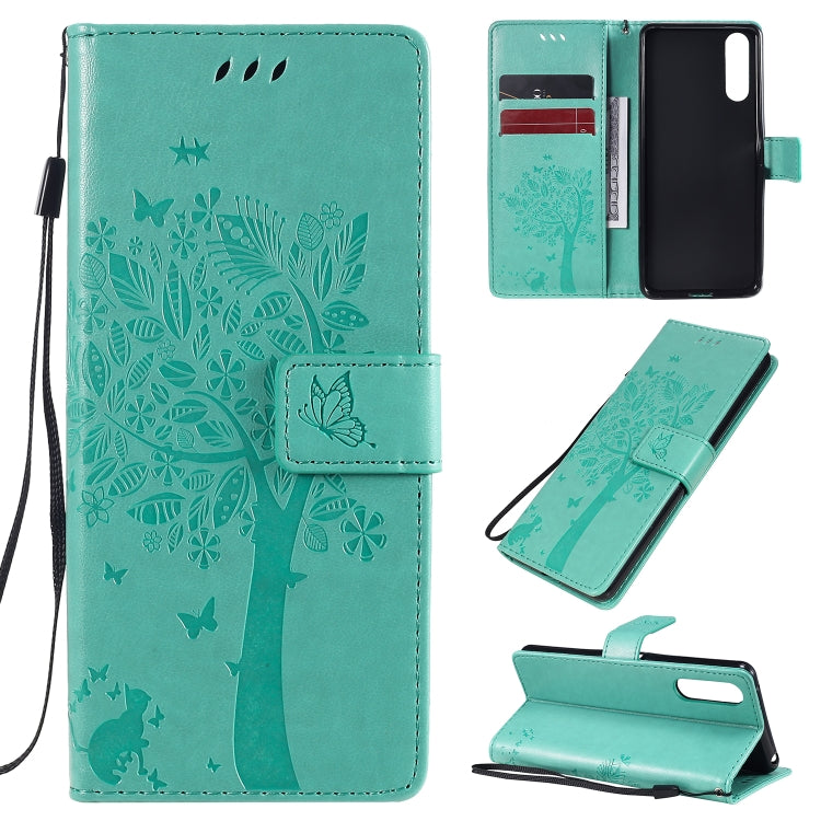 Custodia in pelle a ribalta orizzontale con motivo in rilievo albero e gatto con supporto e fessure per carte, portafoglio e cordino, For Sony Xperia L4, For Sony Xperia 10 II