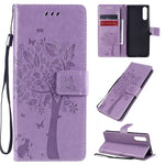 Custodia in pelle a ribalta orizzontale con motivo in rilievo albero e gatto con supporto e fessure per carte, portafoglio e cordino, For Sony Xperia L4, For Sony Xperia 10 II