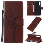 Custodia in pelle a ribalta orizzontale con motivo in rilievo albero e gatto con supporto e fessure per carte, portafoglio e cordino, For Sony Xperia L4, For Sony Xperia 10 II