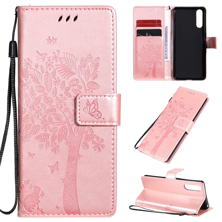 Custodia in pelle a ribalta orizzontale con motivo in rilievo albero e gatto con supporto e fessure per carte, portafoglio e cordino, For Sony Xperia L4, For Sony Xperia 10 II