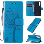 Custodia in pelle a ribalta orizzontale con motivo in rilievo albero e gatto con supporto e fessure per carte, portafoglio e cordino, For Sony Xperia L4, For Sony Xperia 10 II