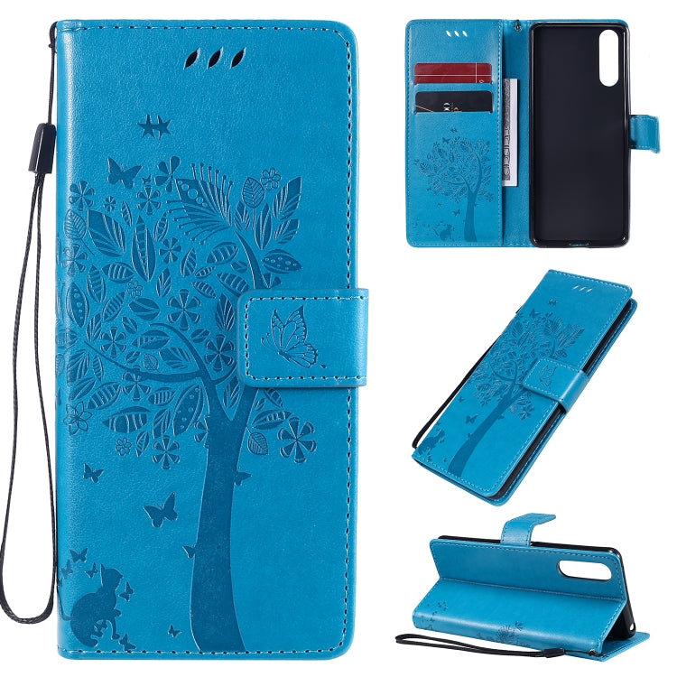 Custodia in pelle a ribalta orizzontale con motivo in rilievo albero e gatto con supporto e fessure per carte, portafoglio e cordino, For Sony Xperia L4, For Sony Xperia 10 II