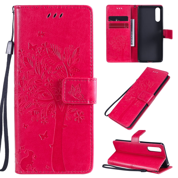Custodia in pelle a ribalta orizzontale con motivo in rilievo albero e gatto con supporto e fessure per carte, portafoglio e cordino, For Sony Xperia L4, For Sony Xperia 10 II
