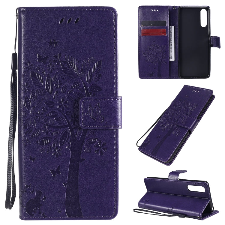 Custodia in pelle a ribalta orizzontale con motivo in rilievo albero e gatto con supporto e fessure per carte, portafoglio e cordino, For Sony Xperia L4, For Sony Xperia 10 II
