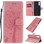 Custodia in pelle a ribalta orizzontale con motivo in rilievo albero e gatto con supporto e fessure per carte, portafoglio e cordino, For Sony Xperia L4, For Sony Xperia 10 II