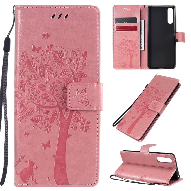 Custodia in pelle a ribalta orizzontale con motivo in rilievo albero e gatto con supporto e fessure per carte, portafoglio e cordino, For Sony Xperia L4, For Sony Xperia 10 II