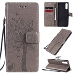 Custodia in pelle a ribalta orizzontale con motivo in rilievo albero e gatto con supporto e fessure per carte, portafoglio e cordino, For Sony Xperia L4, For Sony Xperia 10 II