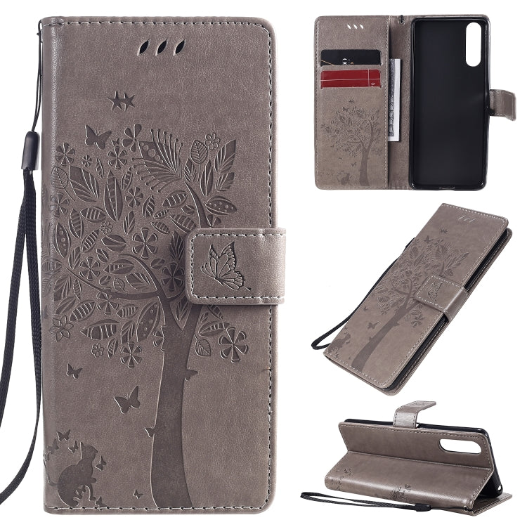 Custodia in pelle a ribalta orizzontale con motivo in rilievo albero e gatto con supporto e fessure per carte, portafoglio e cordino, For Sony Xperia L4, For Sony Xperia 10 II