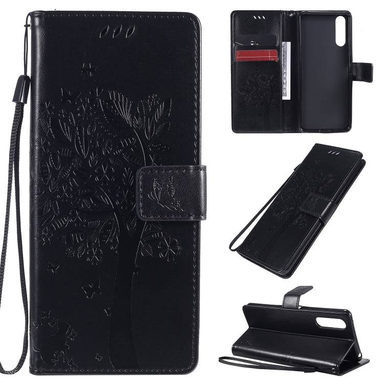 Custodia in pelle a ribalta orizzontale con motivo in rilievo albero e gatto con supporto e fessure per carte, portafoglio e cordino, For Sony Xperia L4, For Sony Xperia 10 II