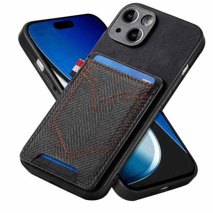 Custodia per telefono in pelle di pelle con texture denim con slot per schede, For iPhone 15 Pro Max, For iPhone 15 Pro, For iPhone 15 Plus, For iPhone 15