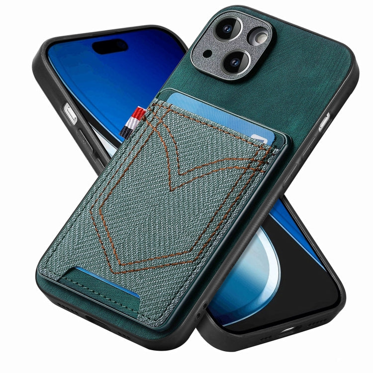 Custodia per telefono in pelle di pelle con texture denim con slot per schede, For iPhone 15 Pro Max, For iPhone 15 Pro, For iPhone 15 Plus, For iPhone 15