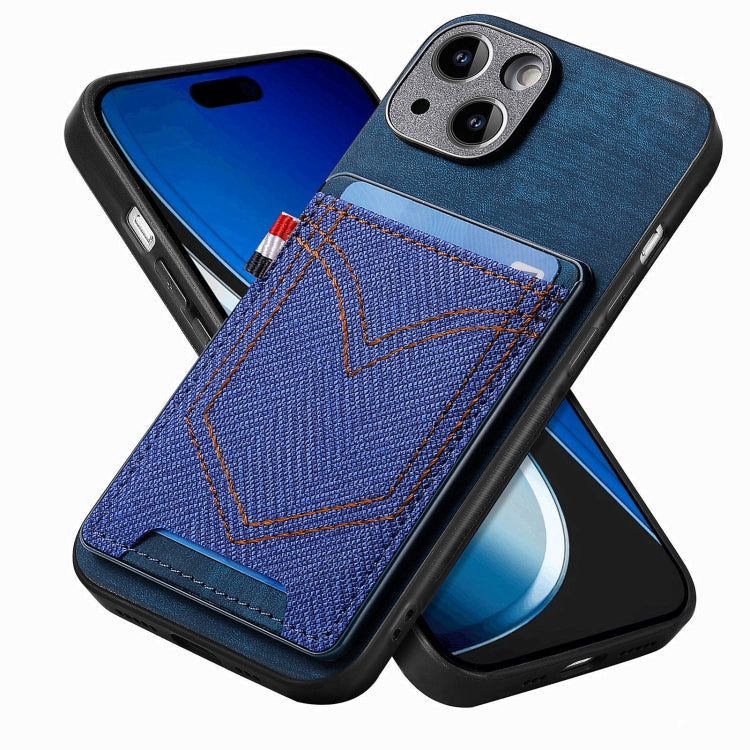 Custodia per telefono in pelle di pelle con texture denim con slot per schede, For iPhone 15 Pro Max, For iPhone 15 Pro, For iPhone 15 Plus, For iPhone 15