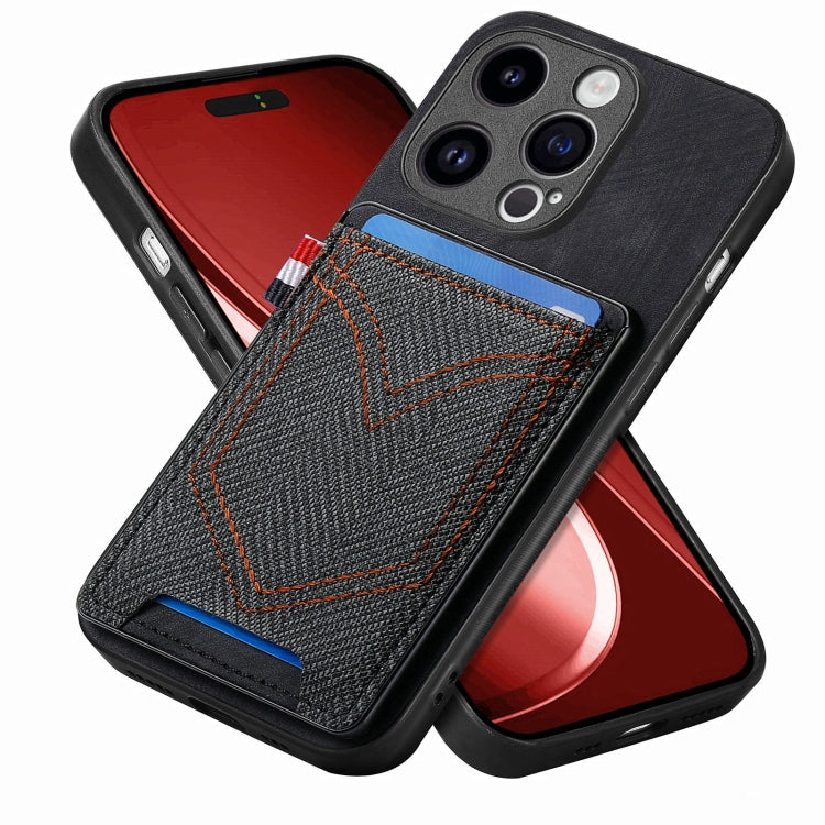 Custodia per telefono in pelle di pelle con texture denim con slot per schede, For iPhone 15 Pro Max, For iPhone 15 Pro, For iPhone 15 Plus, For iPhone 15