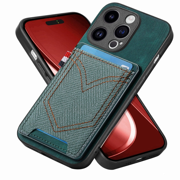 Custodia per telefono in pelle di pelle con texture denim con slot per schede, For iPhone 15 Pro Max, For iPhone 15 Pro, For iPhone 15 Plus, For iPhone 15