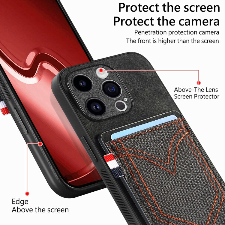 Custodia per telefono in pelle di pelle con texture denim con slot per schede, For iPhone 15 Pro Max, For iPhone 15 Pro, For iPhone 15 Plus, For iPhone 15