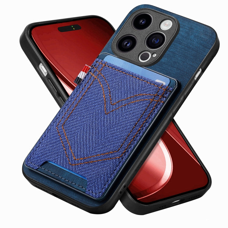 Custodia per telefono in pelle di pelle con texture denim con slot per schede, For iPhone 15 Pro Max, For iPhone 15 Pro, For iPhone 15 Plus, For iPhone 15