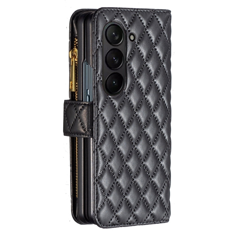 Custodia per telefono a conchiglia in pelle con portafoglio con cerniera Diamond Lattice, For Samsung Galaxy Z Fold5