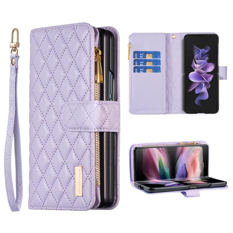 Custodia per telefono a conchiglia in pelle con portafoglio con cerniera Diamond Lattice, For Galaxy Z Fold8 5G, For Samsung Galaxy Z Fold7, For Samsung Galaxy Z Fold6, For Samsung Galaxy Z Fold5