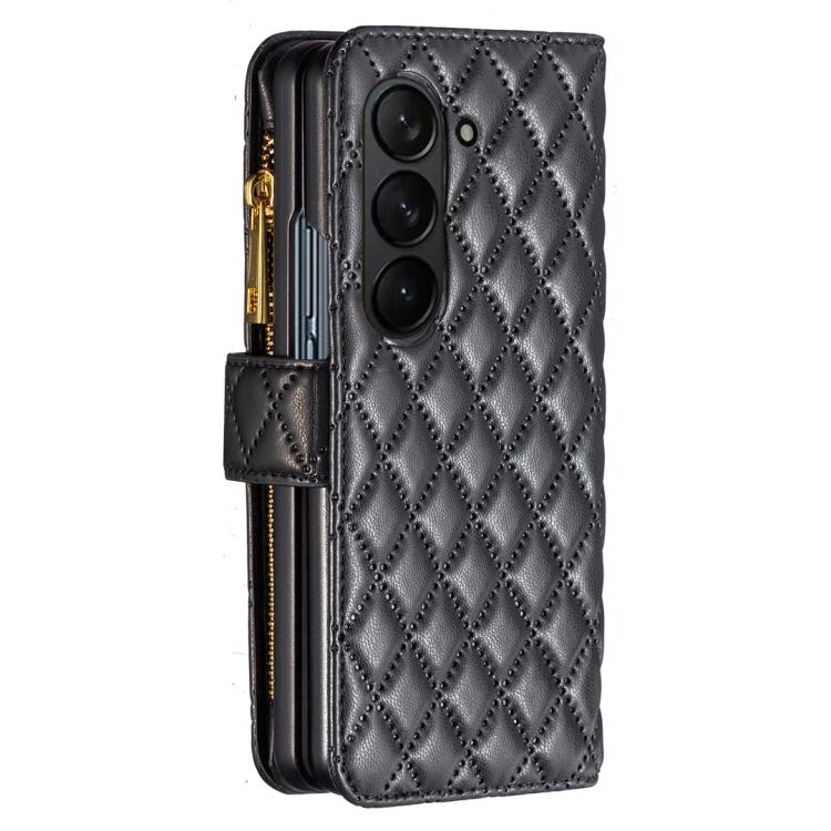 Custodia per telefono a conchiglia in pelle con portafoglio con cerniera Diamond Lattice, For Galaxy Z Fold8 5G, For Samsung Galaxy Z Fold7, For Samsung Galaxy Z Fold6, For Samsung Galaxy Z Fold5