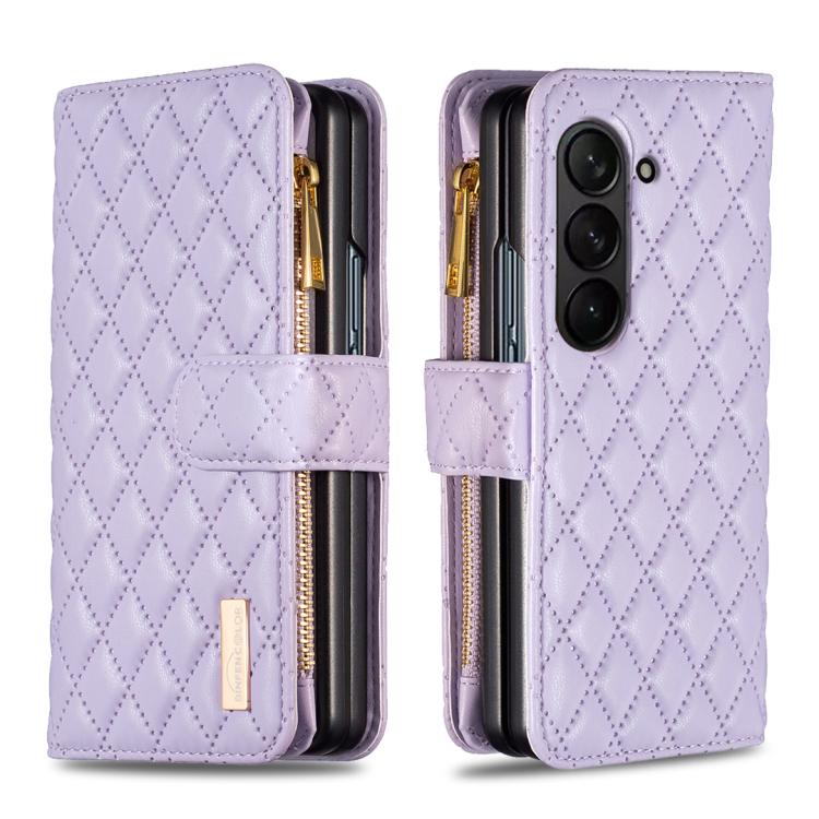 Custodia per telefono a conchiglia in pelle con portafoglio con cerniera Diamond Lattice, For Galaxy Z Fold8 5G, For Samsung Galaxy Z Fold7, For Samsung Galaxy Z Fold6, For Samsung Galaxy Z Fold5