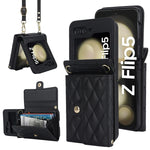 Custodia per telefono in PU con borsa per carte a trama rombica con cordino lungo, For Samsung Galaxy Z Flip5, For Samsung Galaxy Z Flip4, For Samsung Galaxy Z Flip3
