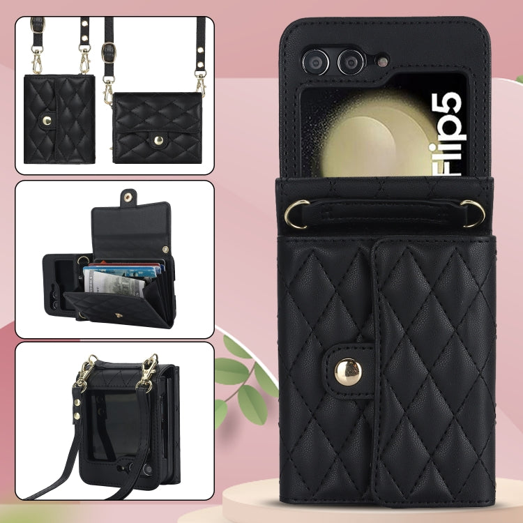 Custodia per telefono in PU con borsa per carte a trama rombica con cordino lungo, For Samsung Galaxy Z Flip5, For Samsung Galaxy Z Flip4, For Samsung Galaxy Z Flip3