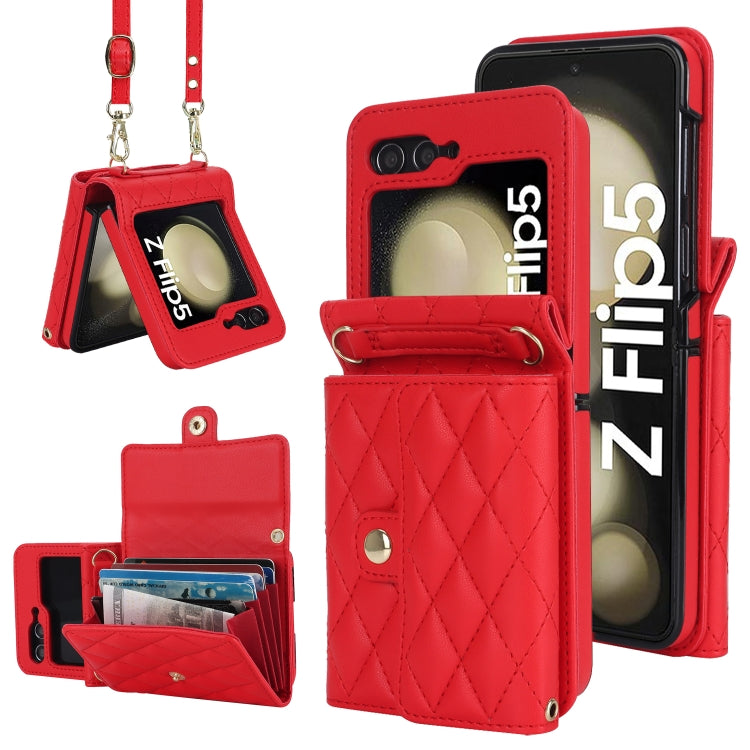Custodia per telefono in PU con borsa per carte a trama rombica con cordino lungo, For Samsung Galaxy Z Flip5, For Samsung Galaxy Z Flip4, For Samsung Galaxy Z Flip3