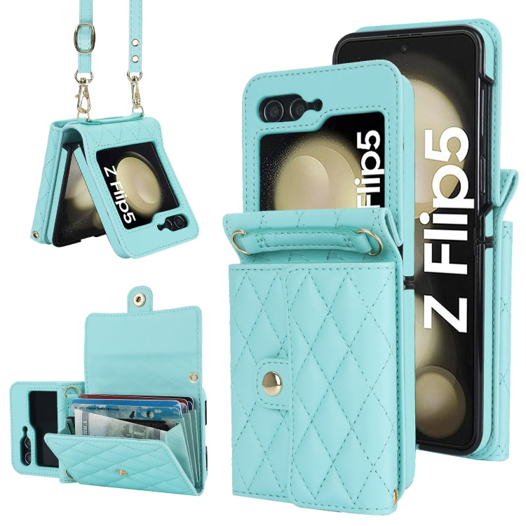 Custodia per telefono in PU con borsa per carte a trama rombica con cordino lungo, For Samsung Galaxy Z Flip5, For Samsung Galaxy Z Flip4, For Samsung Galaxy Z Flip3