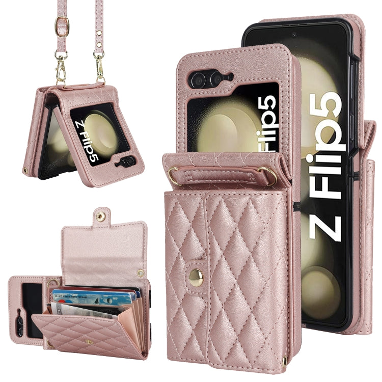 Custodia per telefono in PU con borsa per carte a trama rombica con cordino lungo, For Samsung Galaxy Z Flip5, For Samsung Galaxy Z Flip4, For Samsung Galaxy Z Flip3