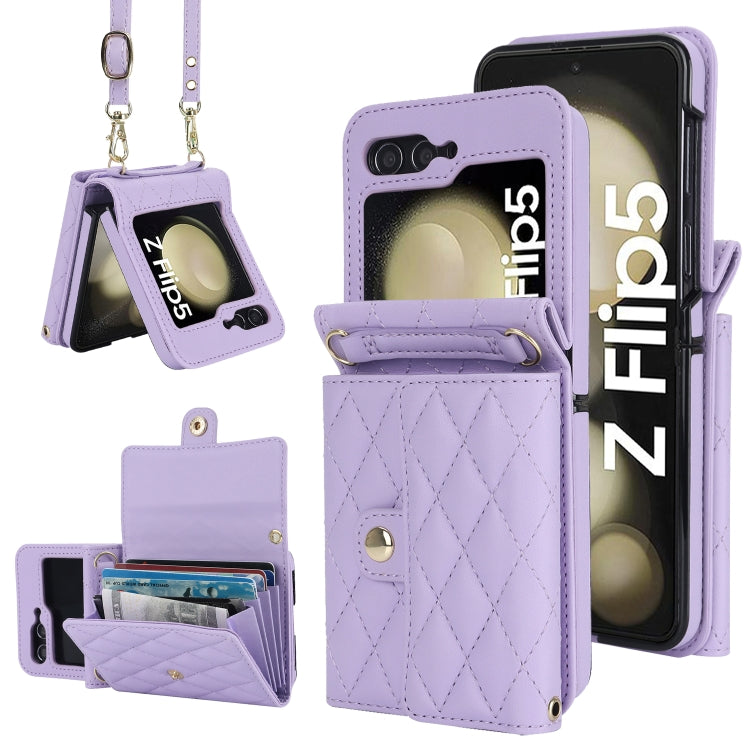 Custodia per telefono in PU con borsa per carte a trama rombica con cordino lungo, For Samsung Galaxy Z Flip5, For Samsung Galaxy Z Flip4, For Samsung Galaxy Z Flip3