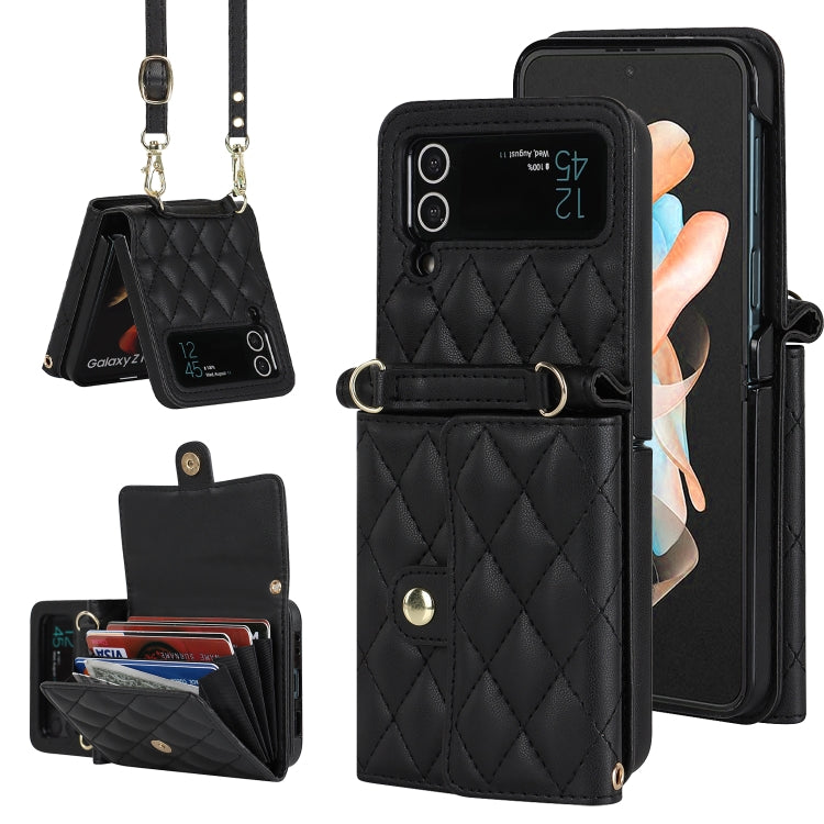 Custodia per telefono in PU con borsa per carte a trama rombica con cordino lungo, For Samsung Galaxy Z Flip5, For Samsung Galaxy Z Flip4, For Samsung Galaxy Z Flip3