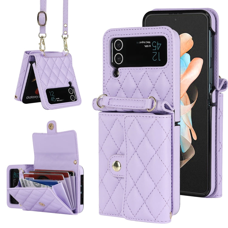 Custodia per telefono in PU con borsa per carte a trama rombica con cordino lungo, For Samsung Galaxy Z Flip5, For Samsung Galaxy Z Flip4, For Samsung Galaxy Z Flip3