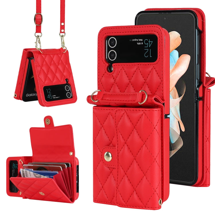 Custodia per telefono in PU con borsa per carte a trama rombica con cordino lungo, For Samsung Galaxy Z Flip5, For Samsung Galaxy Z Flip4, For Samsung Galaxy Z Flip3