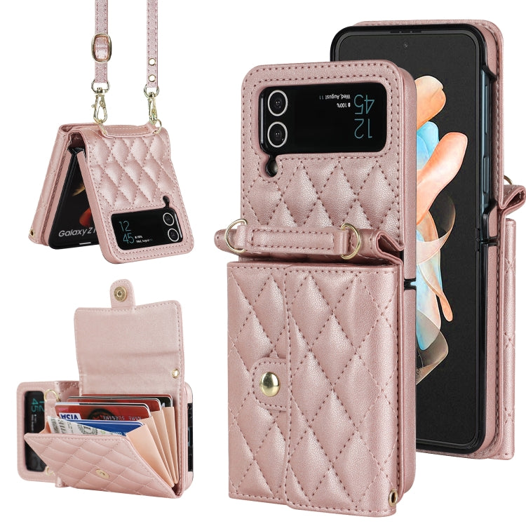 Custodia per telefono in PU con borsa per carte a trama rombica con cordino lungo, For Samsung Galaxy Z Flip5, For Samsung Galaxy Z Flip4, For Samsung Galaxy Z Flip3