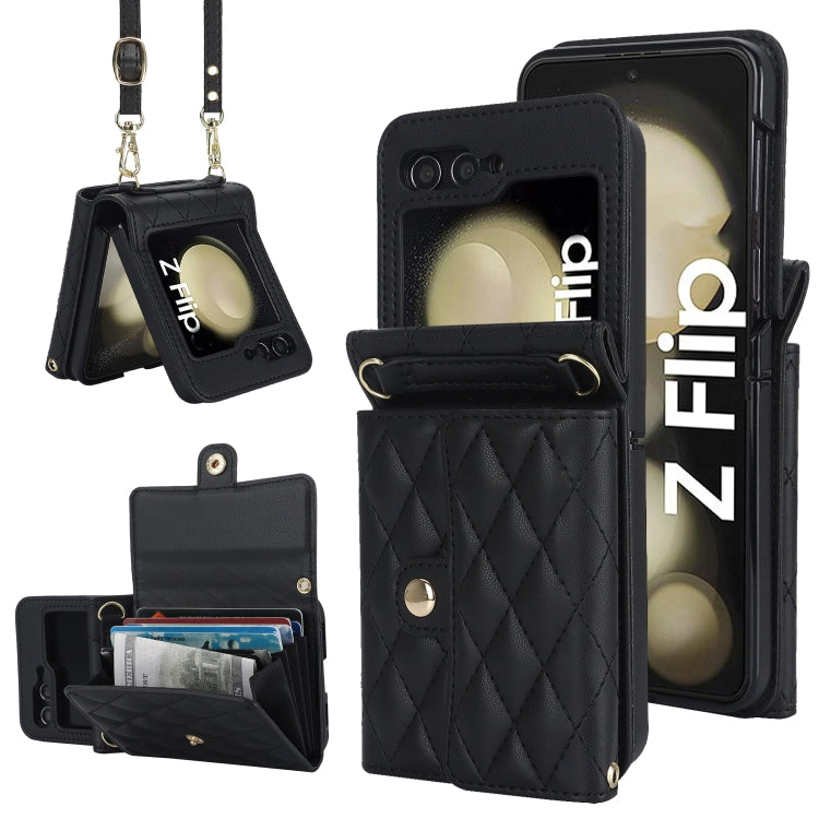 Custodia per telefono in PU con borsa per carte a trama rombica con cordino lungo, For Galaxy Z Flip8 5G, For Samsung Galaxy Z Flip7 FE / Flip6, For Samsung Galaxy Z Flip7 5G