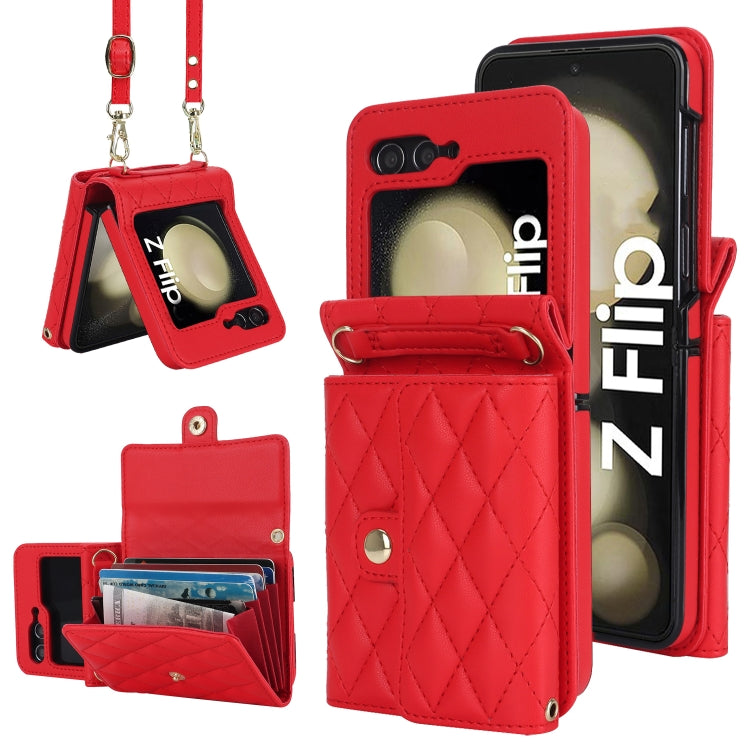 Custodia per telefono in PU con borsa per carte a trama rombica con cordino lungo, For Galaxy Z Flip8 5G, For Samsung Galaxy Z Flip7 FE / Flip6, For Samsung Galaxy Z Flip7 5G