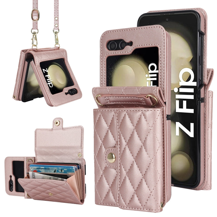 Custodia per telefono in PU con borsa per carte a trama rombica con cordino lungo, For Galaxy Z Flip8 5G, For Samsung Galaxy Z Flip7 FE / Flip6, For Samsung Galaxy Z Flip7 5G