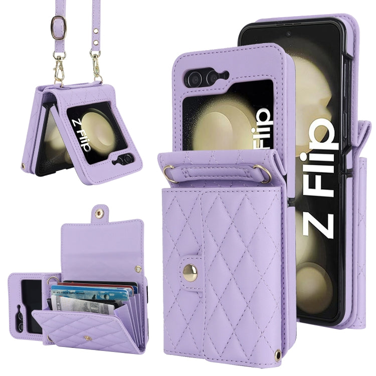 Custodia per telefono in PU con borsa per carte a trama rombica con cordino lungo, For Galaxy Z Flip8 5G, For Samsung Galaxy Z Flip7 FE / Flip6, For Samsung Galaxy Z Flip7 5G