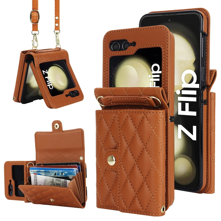 Custodia per telefono in PU con borsa per carte a trama rombica con cordino lungo, For Galaxy Z Flip8 5G, For Samsung Galaxy Z Flip7 FE / Flip6, For Samsung Galaxy Z Flip7 5G