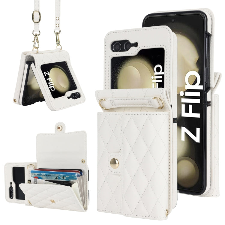 Custodia per telefono in PU con borsa per carte a trama rombica con cordino lungo, For Galaxy Z Flip8 5G, For Samsung Galaxy Z Flip7 FE / Flip6, For Samsung Galaxy Z Flip7 5G