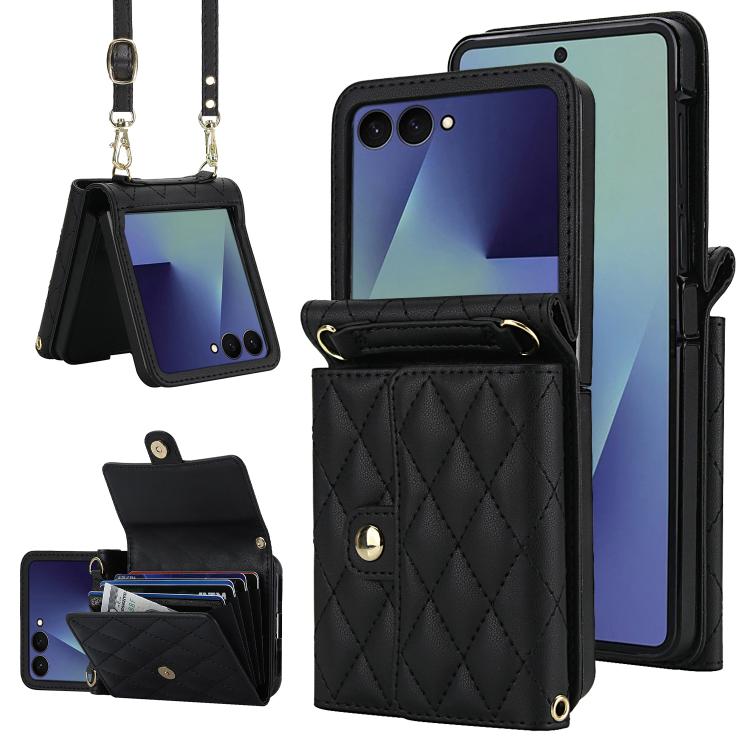 Custodia per telefono in PU con borsa per carte a trama rombica con cordino lungo, For Galaxy Z Flip8 5G, For Samsung Galaxy Z Flip7 FE / Flip6, For Samsung Galaxy Z Flip7 5G