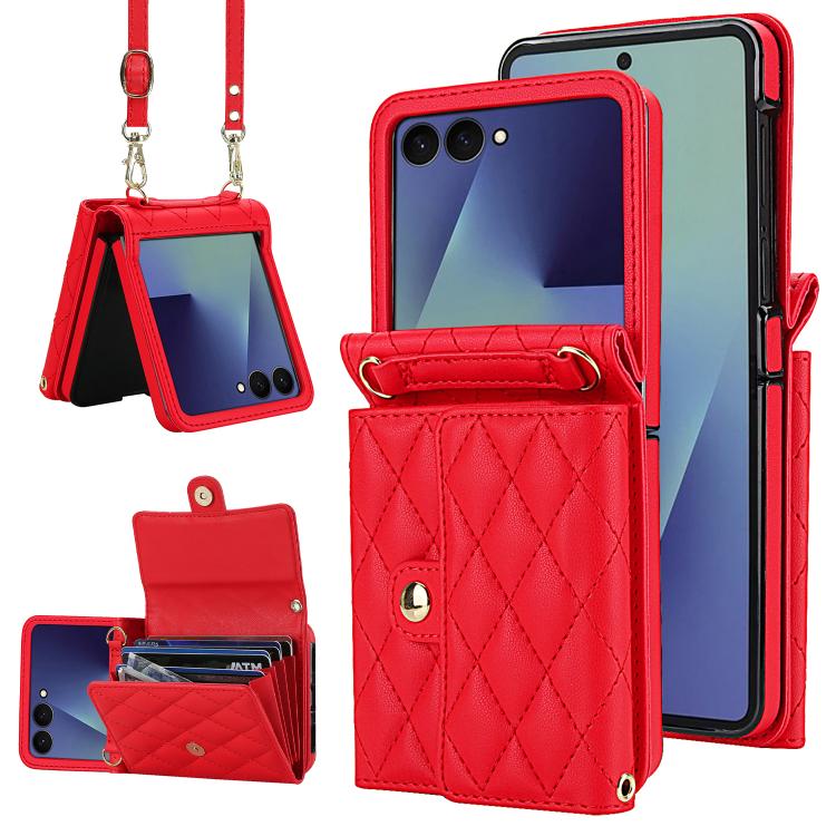 Custodia per telefono in PU con borsa per carte a trama rombica con cordino lungo, For Galaxy Z Flip8 5G, For Samsung Galaxy Z Flip7 FE / Flip6, For Samsung Galaxy Z Flip7 5G