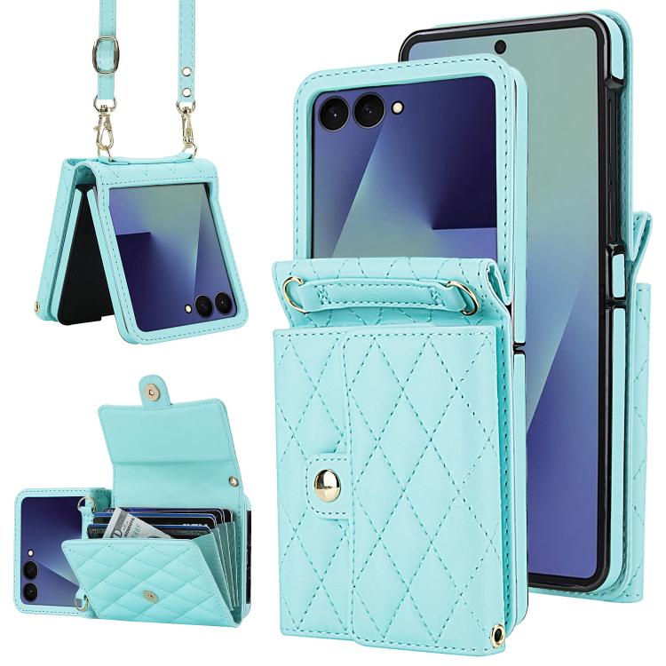 Custodia per telefono in PU con borsa per carte a trama rombica con cordino lungo, For Galaxy Z Flip8 5G, For Samsung Galaxy Z Flip7 FE / Flip6, For Samsung Galaxy Z Flip7 5G