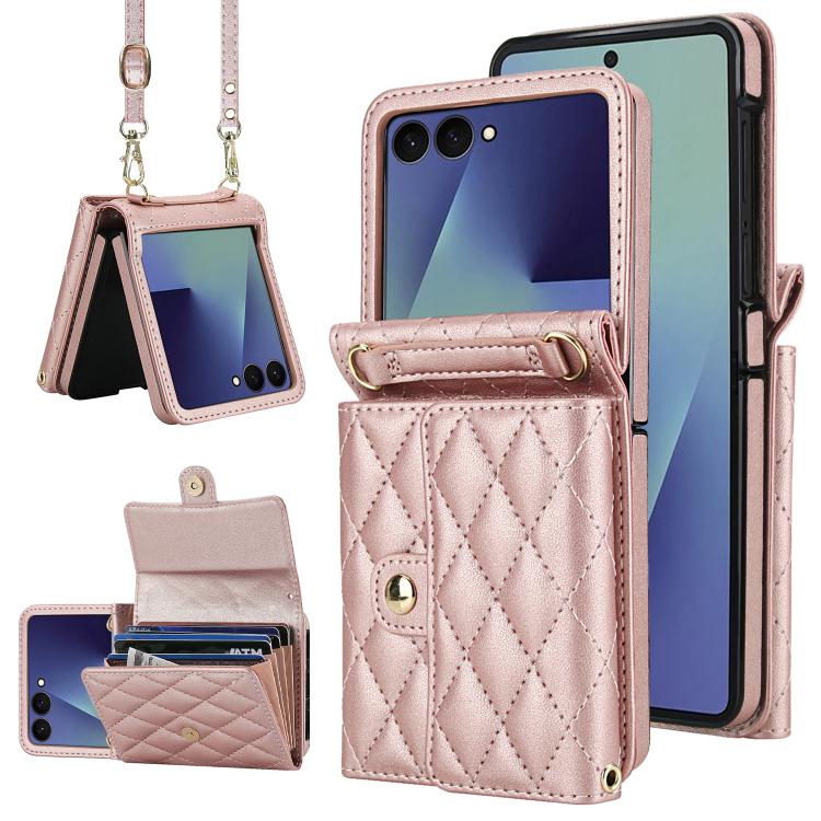 Custodia per telefono in PU con borsa per carte a trama rombica con cordino lungo, For Galaxy Z Flip8 5G, For Samsung Galaxy Z Flip7 FE / Flip6, For Samsung Galaxy Z Flip7 5G